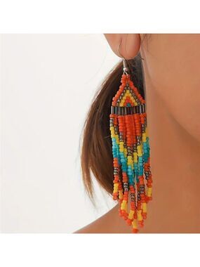 Native American-Style Beaded Tassel Fashion Earrings Orange